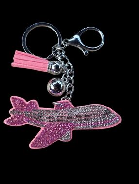 Sparkling Pink Airplane Bag Charm Keychain with Tassel